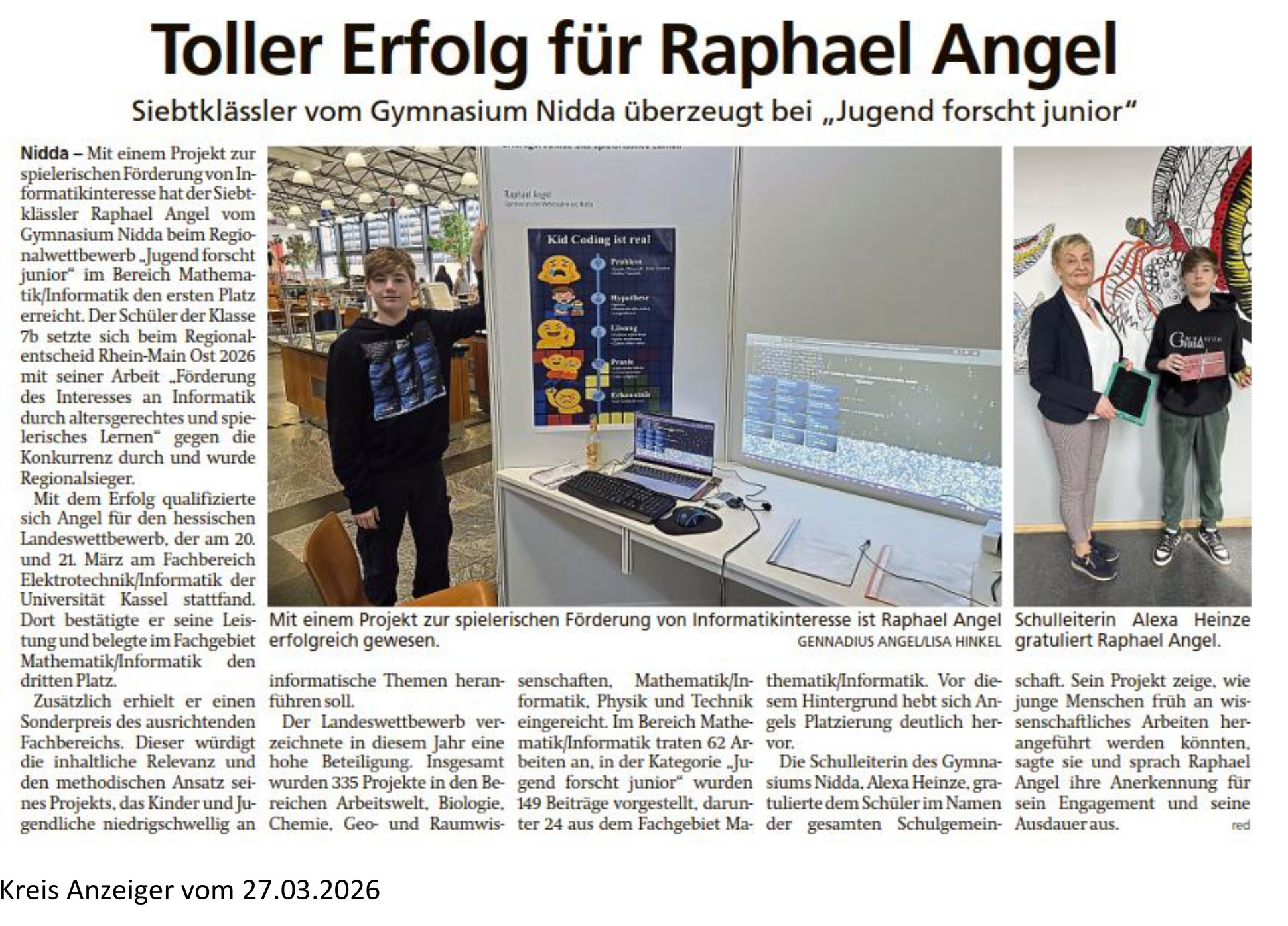 Toller Erfolg für Raphael Angel - Siebtklässler vom Gymnasium Nidda überzeugt bei Jugend forscht - Kreis Anzeiger vom 27.03.2026