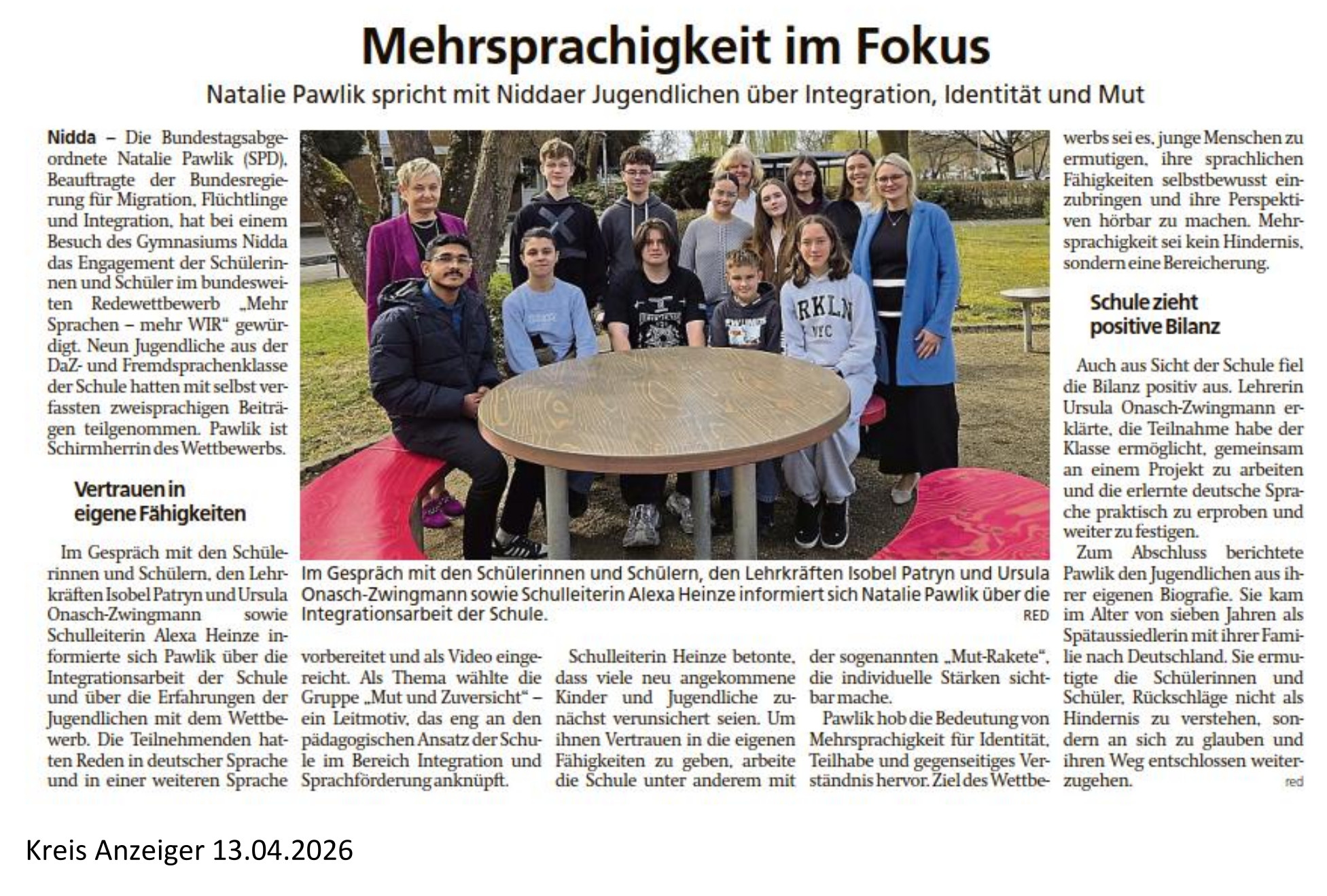 Mehrsprachigkeit im Fokus - Natalie Pawlik spricht mit Niddaer Jugendlichen über Integration, Identität und Mut - Kreis Anzeiger vom 13.04.2026