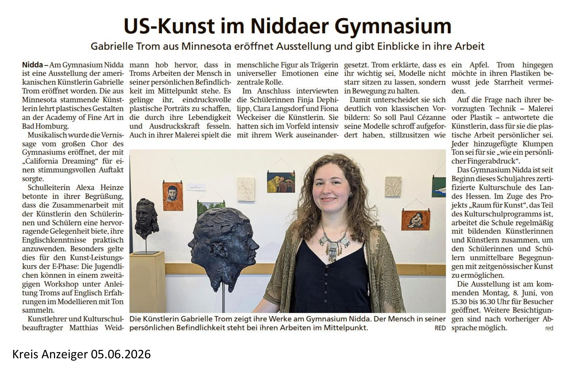 US-Kunst am Niddaer Gymnasium - Gabrielle Trom aus Minnesota eröffnet Ausstellung und gibt Einblicke in ihre Arbeit - Kreis Anzeiger vom 05.06.2026